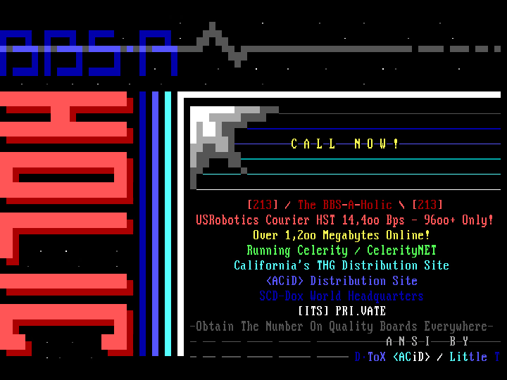 BBS-A-Holic BBS 2 complete 80 by 25 colour-text advert under DOSBox-X