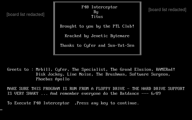 F40 Interceptor Loader board-list-redacted text-mode frame