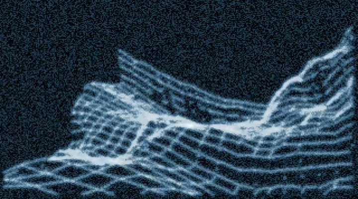 Sea Robot of Love runtime frame at 01:45.000 showing the blue height-field mesh and light/shadow text