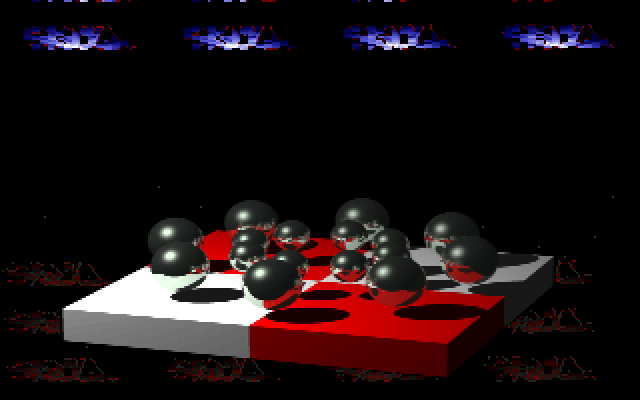 Spheres pre-rendered ball field over a red-and-white slab in one stable presentation state