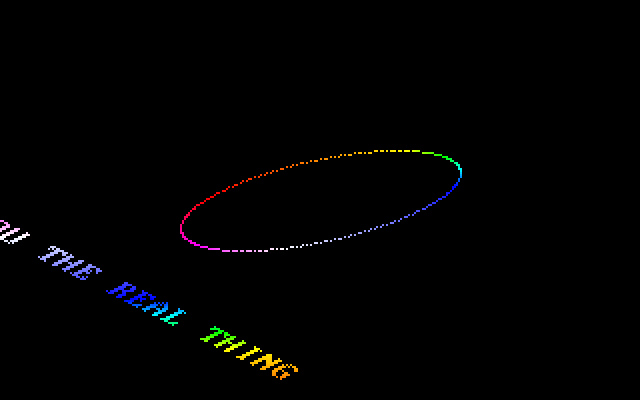 Trug's two-lobed sine-dot field and diagonal rainbow scroller